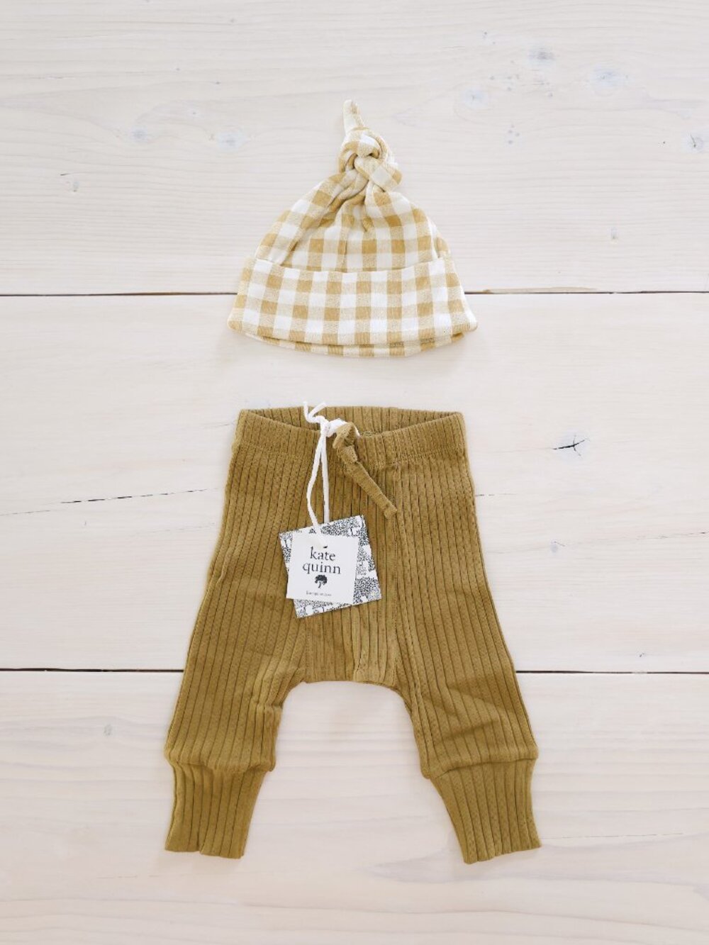 Kate Quinn Baby 3-6 Months Panda Pants and Gingham Hat Golden Olive Tan
